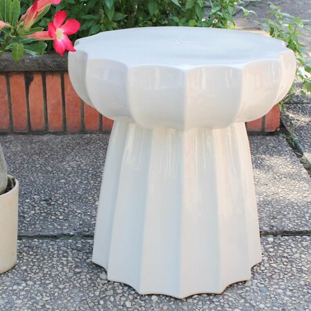 International Caravan Round Scalloped Ceramic Garden Stool, Antique White Glaze OPG-066-AW
